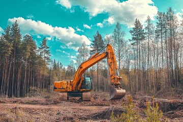 Excavator working at the edge of a forest, clearing trees. The machine is surrounded by nature