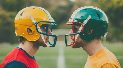 Fototapeta premium Two opposing football players in helmets engaged in friendly rivalry and banter on a home field with a blurred depth of field in the background showcasing the spirit and competition of the sport