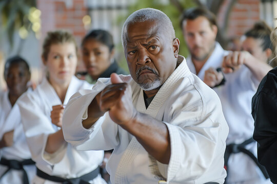 Diverse Group of Adults Learning Self-Defense Techniques from Martial Arts Instructor