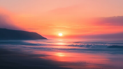 Coastal Sunset with a Silhouetted Cliff and Waves