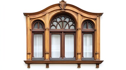 8. **A Victorian-style window with ornate wooden trim, rendered on a pristine white background.