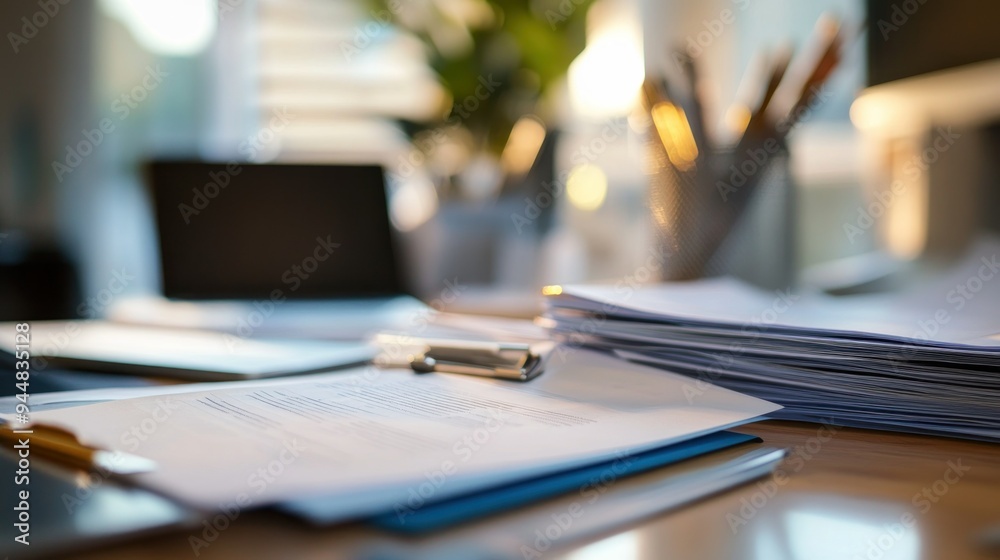 Poster Stack of Papers on a Desk with a Laptop in the Background