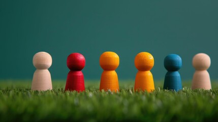 Closeup of a group of colorful wooden figurines engaged in a lively discussion or debate with animated gestures set against a green grassy backdrop