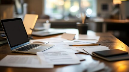 Laptop, Paperwork, and Pencil on a Wooden Desk