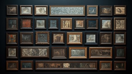 A gallery wall featuring an eclectic arrangement of framed artworks in various styles and sizes. The frames are ornate and simple, showcasing a mix of paintings and sketches.