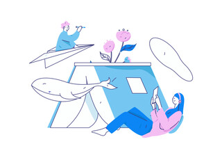 World Book Day Reading Character Flat Vector Concept Operation Hand Drawn Illustration
