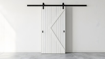 15. **A contemporary barn door with a sliding track system, set against a pristine white background.