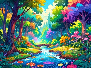 Vibrant Forest Stream With Rainbow Sky