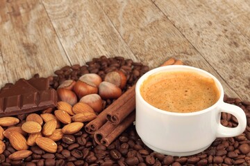 Cappuccino Hot aroma coffee, beans on the desk