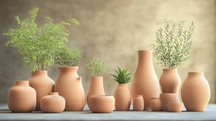 Collection of various clay pots and vases of different shapes and sizes, some with green plants...