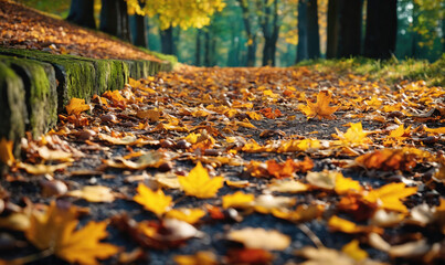 A path covered in fallen leaves winds through a forest on a sunny autumn day
