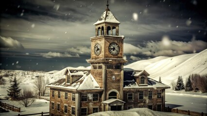 Snow-Covered Clock Tower Building with Mountain View