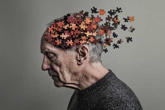 Side profile of an elderly man with puzzle pieces dispersing from his head symbolizing memory loss aging and the slow erosion of thoughts over time