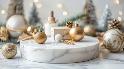 White marble cosmetic podium, product and golden decoration for cosmetic and food presentation theme. Made of nature scene for Ads, banners, website, social media or cosmetic and food presentation