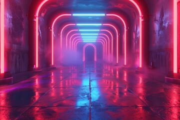 a 90s cg animation gameshow background, red white and blue neon, retro synthwave aesthetic