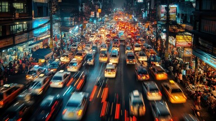A Nighttime Street Scene with Blurred Cars and People
