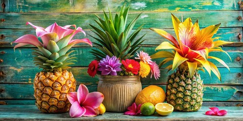 exotic crispy yam flowers blooming amidst vibrant tropical flowers colorful ceramics frilly pineapple leaves retro distressed wooden background playful whimsical pastel colors afternoon delight