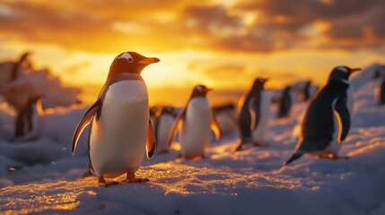 Obraz premium Penguins from the Side in a Wide-Angle View at Golden Hour, Highlighting Detailed Feathers and Natural Habitat 