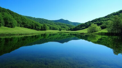 Tranquil Lake Reflecting Lush Green Mountains Under a Clear Blue Sky