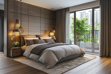 Modern Bedroom with Gray and Beige Scheme, Soft Lighting, Large Bed, Decorative Panels, Pendant Lights, and Floor-to-Ceiling Windows