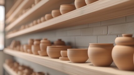 Wooden shelf displaying various handcrafted clay pots and bowls. The pots are in different shapes and sizes, showcasing a natural earthy tone. 