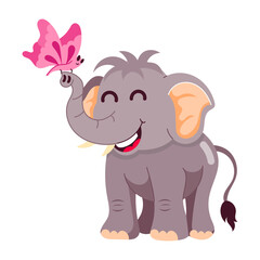 Cartoon style sticker of elephant butterfly playing 


