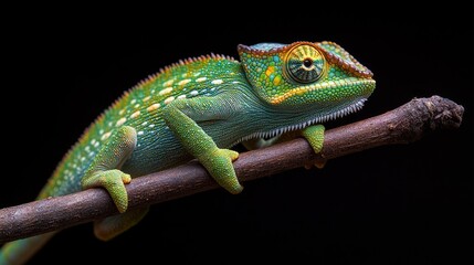 Obraz premium A green chameleon clings to the branch of an exotic tree, its long legs wrapped securely around the branch for balance, set against a stark black background