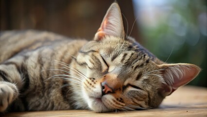 Obraz premium Tabby Cat Sleeping on Wooden Surface