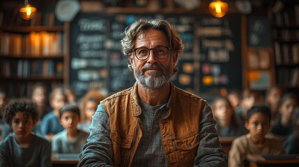 Obraz premium Confident Male Teacher Looking at Students in Classroom