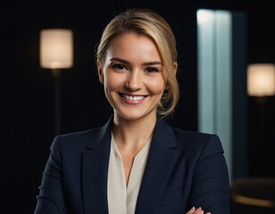 a professional head shot on a black background of a business women in a suit smiling at the camera with her arms crossed