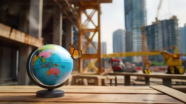 A world globe is on a wooden board with a bokeh effect construction site background. Seamless 4K looping timelapse video animation background