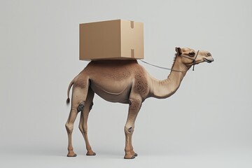 Camel Carrying a Package: A single camel, rendered in a photorealistic style, stands against a simple white background, carrying a large cardboard box on its back. The image evokes a sense of strength