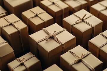 Fototapeta premium Rustic Gift Abundance: A captivating flat lay featuring an array of meticulously arranged brown gift boxes, tied with twine, evoking a sense of anticipation and rustic charm. 