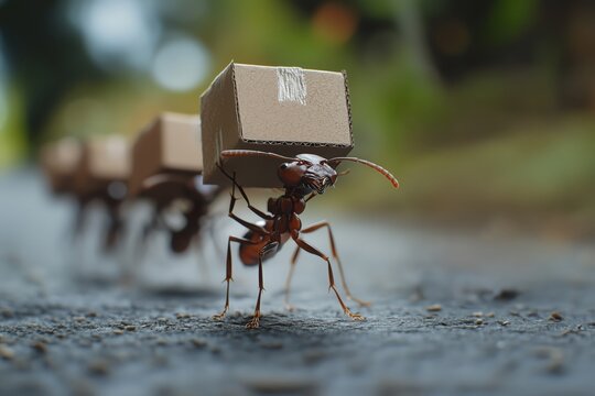 Ants on a Mission: A colony of ants diligently carries a line of cardboard boxes, showcasing teamwork and perseverance in a miniature marvel of nature. 