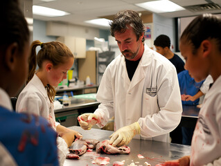 Engaging Biology Professor Demonstrating Dissection to Intrigued Middle School Students in Classroom