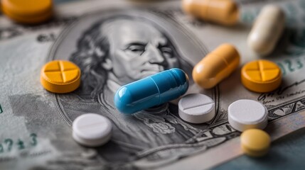 A dollar bill with various pills, highlighting the cost of healthcare education in the United States