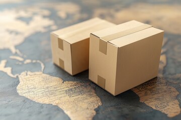 Global Shipping Ready: Two pristine cardboard boxes sealed and ready for shipment, set against the backdrop of a vintage world map, signifying international trade, logistics, and e-commerce. 