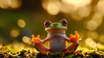 A photo of a red-eyed tree frog performing a yoga warrior pose, framed by a sunrise and bokeh background