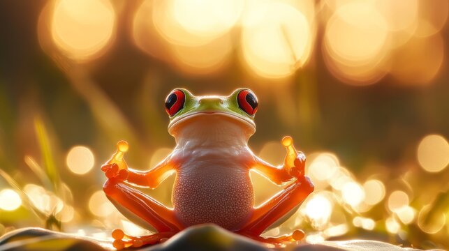 A red-eyed tree frog exhibits a yoga warrior pose with a stunning sunrise and bokeh lights in the backdrop