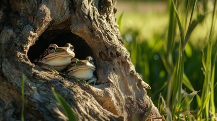 Frogs can be seen peeking out from various holes in an old tree trunk, with green grass and reeds in the sunny background
