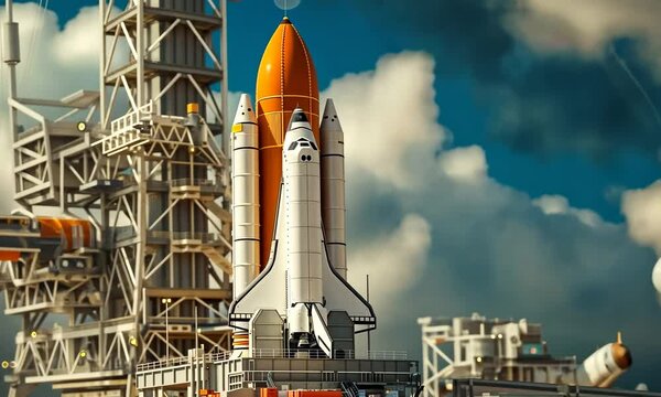 A meticulously detailed model of a space shuttle launch, embodying human ingenuity
