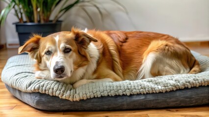 Fototapeta premium Red and White Dog Relaxing on a Grey Dog Bed