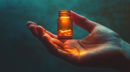 Naklejka premium Detailed shot of a hand holding a small pill bottle
