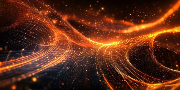 a quantum computer?s qubits entangling, with complex wave functions visualized in a digital interface