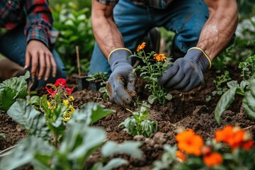 Fototapeta premium Two people are planting flowers in a garden