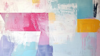 Obraz premium An abstract painting featuring a blend of soft pastel colors including pink, yellow, and blue. The composition is characterized by geometric shapes and textured brush.