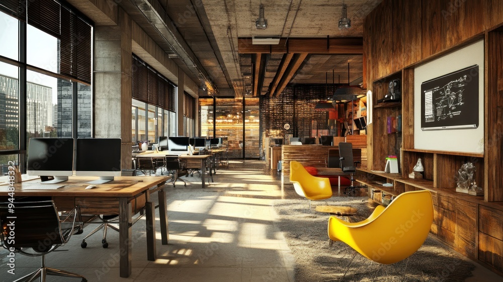 Wall mural Modern Office Interior with Wooden Accents and City View