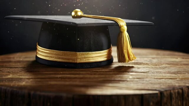 A university school graduation cap on a wooden board with glitter decoration. Seamless 4K looping timelapse video animation background