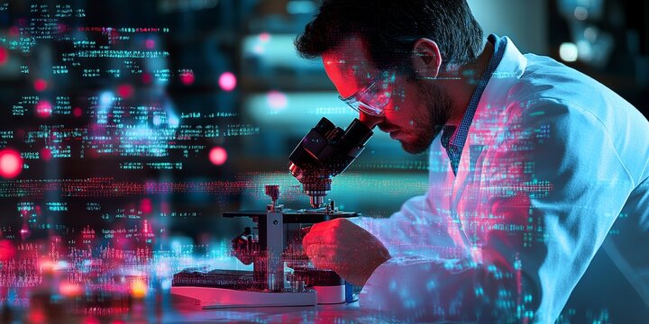 a scientist studying cells under a microscope, with digital overlays showing critical research data