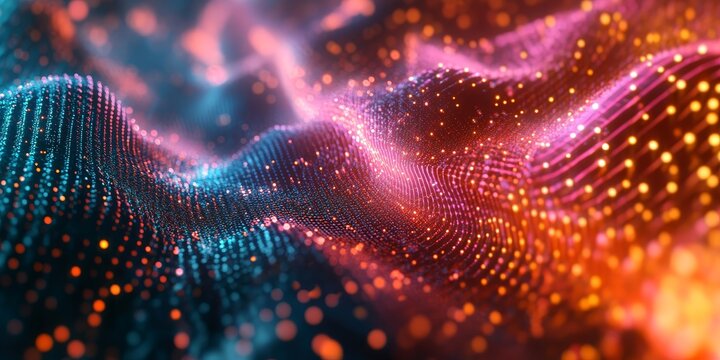 a quantum computer?s qubits entangling, with complex wave functions visualized in a digital interface